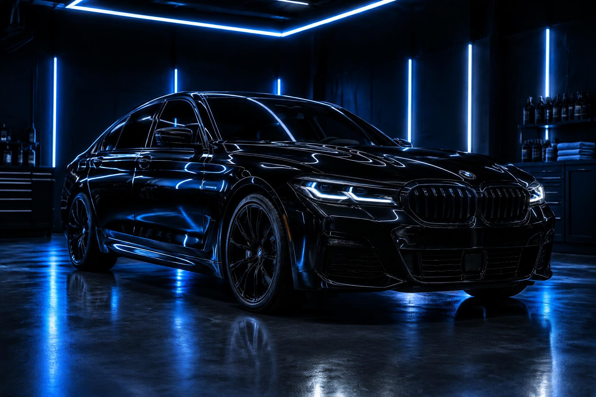 Sedán de lujo negro bajo luces neón azules en un estudio de detallado premium